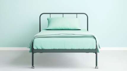 Minimalist mint green bedroom interior with a metal-frame bed and matching bedding for a serene atmosphere.