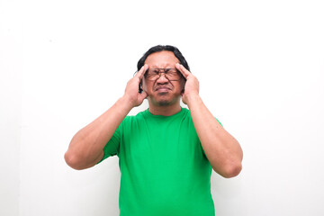 Asian man gesture who is feeling headache or migraine and vertigo isolated on white background