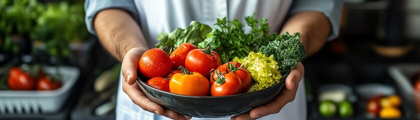 Healthcare worker in a clean medical environment holding a bowl of gardenfresh vegetables, showcasing the link between nutrition and health