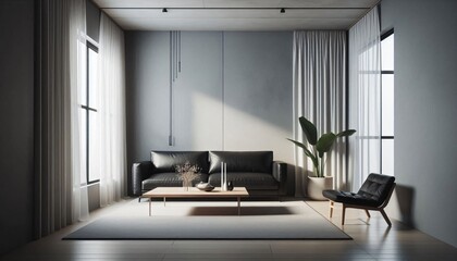 Living room interior with large windows with leather sofa and TV in modern style in dark tones; gray black walls