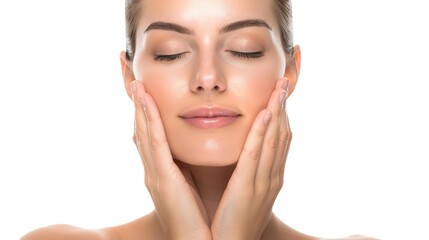 skin care. Beautiful woman touching healthy facial skin portrait. Beautiful smiling Asian girl model with natural makeup, close-up on blue background, touching glowing hydrated skin