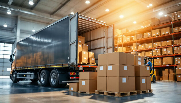 A semi truck at a warehouse, forklift loading boxes, organized and efficient setting.