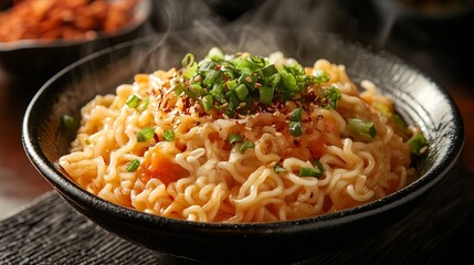 A close-up of steaming noodles in a black bowl topped with chopped green onions and spices, capturing the essence of a comforting Asian meal.