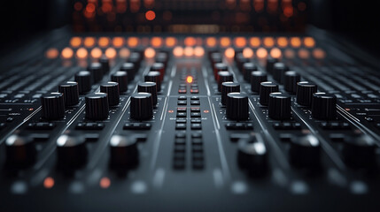 Close-up of the mixing console or audio controller. The panel is equipped with rotary controls (knobs), volume levels and buttons illuminated in red.