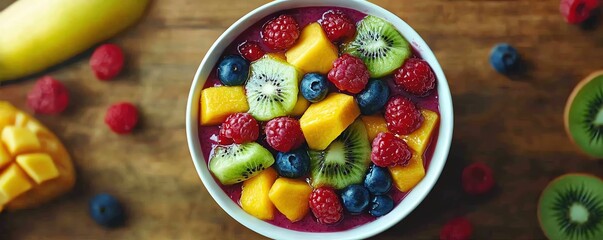 Refreshing smoothie with vibrant fruits like berries, kiwi, and mango, placed on a wooden table, representing energy and weight loss