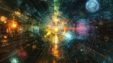 An abstract illustration of a digital world, composed of wireframes and light grids; surrealistic, multicolor hologram effect, futuristic art style