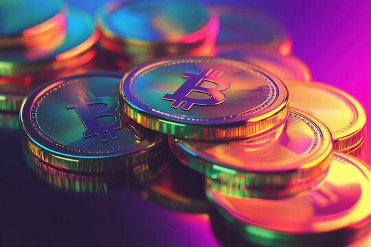 A stack of coins with a bitcoin sign in neon holographic style