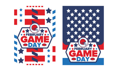 Game Day. American football playoff. Super Party in United States. Final game of regular season. Professional team championship. Ball for american football. Sport poster. Vector illustration