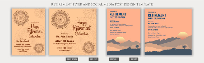 Retirement poster. Retirement party celebration invitation set, social media post design squire, a4 layout, boho, bohemian, congratulations wish, balloons, vintage flyer, print ready eps templates.