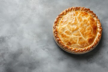 Newly baked meat pie on a light gray table overhead shot Room for text