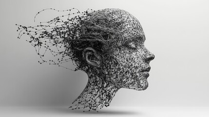3D rendering of a human head made from interconnected lines, symbolizing the concept of Artificial Intelligence with a dynamic, abstract design.