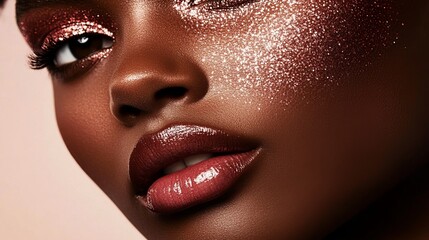 Obraz premium Artistic photograph showcasing a model's cheek covered in shimmering glitter makeup, emphasizing vibrant colors, intricate textures, and expressive features artfully.