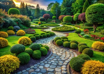Botanical Garden Round Shrubs Stone Path AI Photo