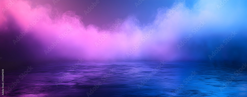 Poster abstract technological background with a glowing light blue neon grid and dark smoke in an empty roo
