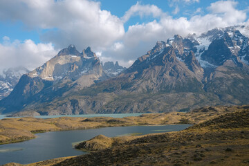 Majestic mountains and a serene lake in Patagonia, Chile, showcasing the region's breathtaking beauty.