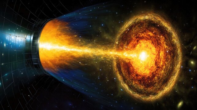 Gamma ray bursts emanating from a cosmic explosion, illuminating a swirling accretion disk in the heart of a galaxy, surrounded by stars and cosmic matter.
