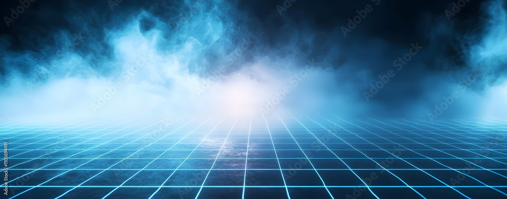 Poster abstract technological background with a glowing light blue neon grid and dark smoke in an empty roo