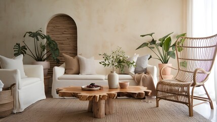 Obraz premium A cozy minimalist living room with natural tones and modern decor.