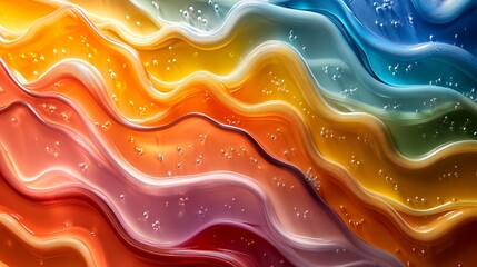 Fototapeta premium A colorful abstract image featuring vibrant wavy lines in rainbow colors with a textured surface and delicate bubble details, conveying energy and movement.