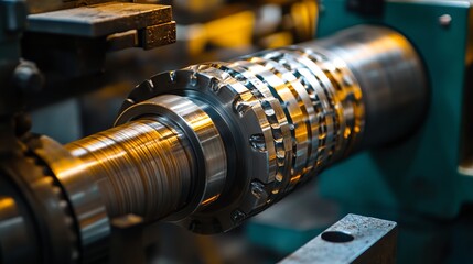 Obraz premium A detailed close-up of complex metal machinery with shining gears in a workshop setting, illustrating the intricacy and precision of modern engineering.