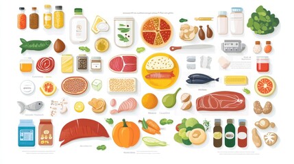 Diverse Assortment of Wholesome Foods: A Colorful Culinary Collection Featuring Fresh Produce, Lean Proteins, and Healthy Fats.