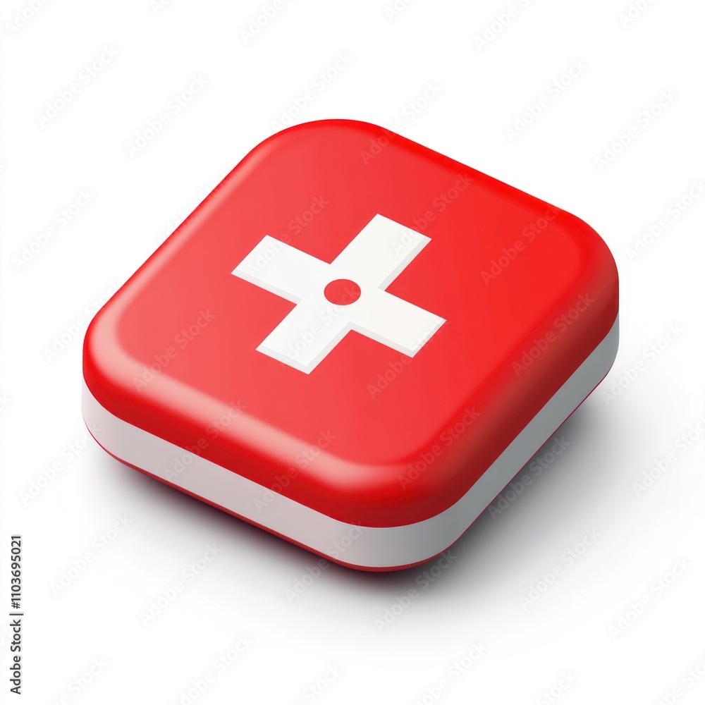 Poster here's a possible and keyword list for your image.. red square medical button with cross.