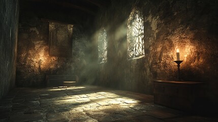 A serene, ancient stone room with sunlight streaming through arched, decorative windows, casting light on the rustic walls and cobblestone floor, creating a nostalgic, timeless atmosphere.