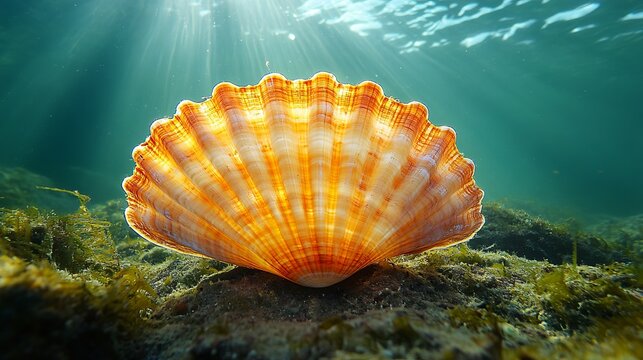 An elegant, orange seashell rests on the ocean floor, illuminated by underwater sunbeams, exemplifying nature&rsquo;s artistry and the serenity of underwater life.
