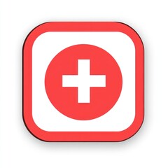 Obraz premium Red square button with white circle and plus symbol, medical icon.