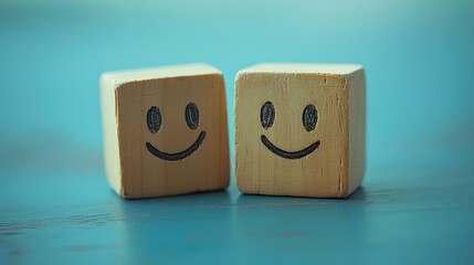 Joyful and sorrowful wooden cubes with smiling and sad faces against a blue backdrop symbolizing emotional contrasts and mindset outlook.
