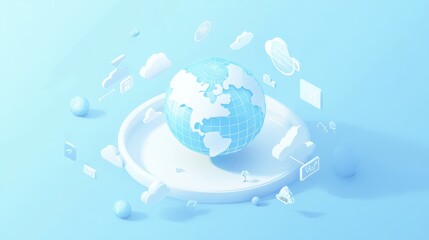 Naklejka premium An isometric 3D illustration of a networked globe, surrounded by floating icons representing global connectivity; clean vector style, light blue tone