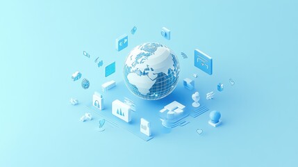 An isometric 3D illustration of a networked globe, surrounded by floating icons representing global connectivity; clean vector style, light blue tone