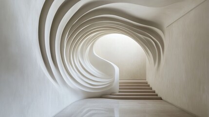 Fototapeta premium Elegant Minimalist Plaster Arch Showcasing a Sculptural Wave Design in an Artistic Staircase Setting with Soft Natural Lighting
