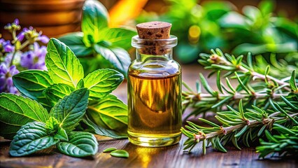 Essential Oil Bottle with Herbs - Macro Photography, Basil, Rosemary, Oregano