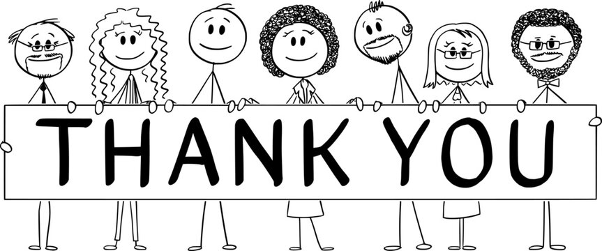 Smiling multiracial diverse team holding thank you sign , vector cartoon stick figure or character illustration.
