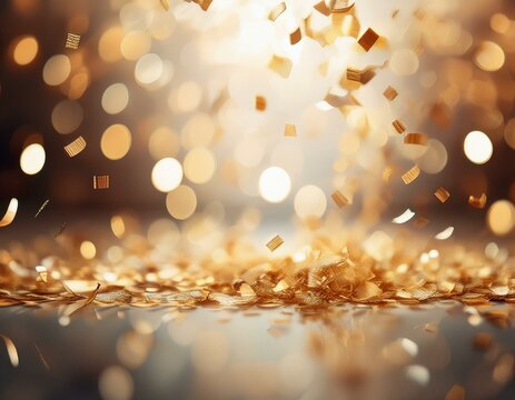 Wallpaper de confetes dourados caindo em uma superf&iacute;cie, imagem com efeito bokeh, wallpaper para cria&ccedil;&otilde;es de final de ano 