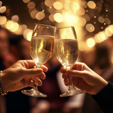 Duas pessoas fazendo um brinde com ta&ccedil;as de champagne para comemorar a virada do ano para 2025, r&eacute;veillon, comemora&ccedil;&atilde;o, festa de final de ano