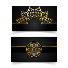 Vector illustration of black background with gold patterns. Business card or invitation design suitable for luxury events, weddings and presentations.