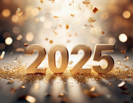 N&uacute;mero 2025 feito de metal dourado com confetes e glitter caindo, r&eacute;veillon, virada do ano