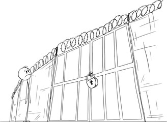 Frustrated or shocked person watching locked or closed gate and wall , vector cartoon stick figure or character illustration.