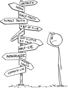 Lie and truth, hoax and nonsense to choose from, vector cartoon stick figure or character illustration.