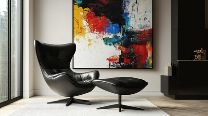 Featuring a stylish black lounge chair paired with an accompanying ottoman, set against an eye-catching abstract painting that adds color to a modern minimalist room.