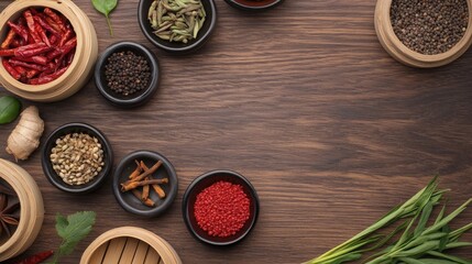 Medicine chinese herbal concept. A vibrant array of spices in small bowls on a wooden surface, showcasing diverse colors and textures.