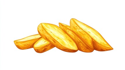Crispy golden fried potato wedges stacked artistically on a clean white background, showcasing their appetizing texture and warmth.