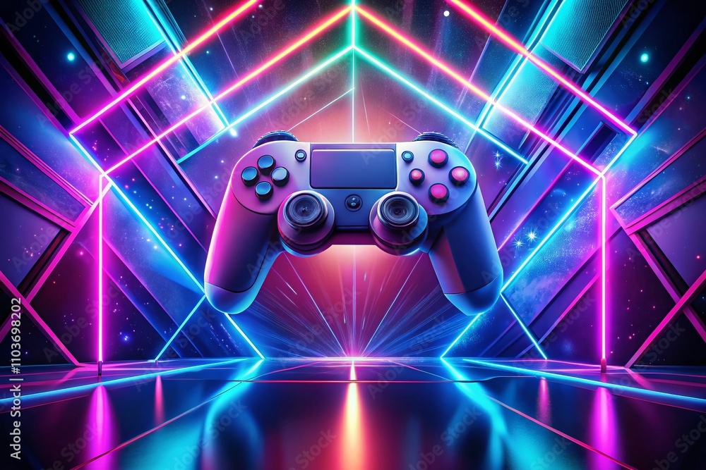Poster minimalist epic gamer background featuring a futuristic game controller surrounded by soft neon ligh
