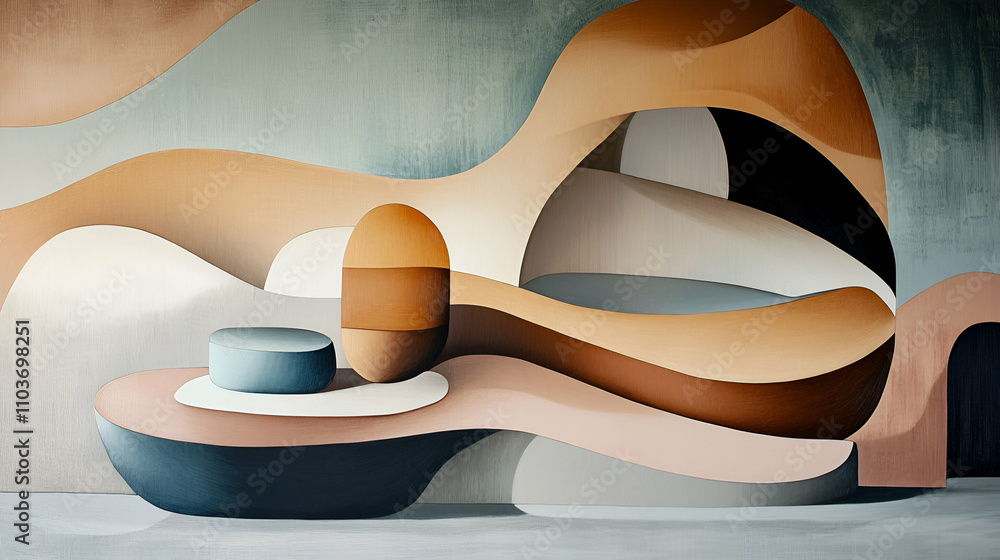 Poster abstract composition featuring curving forms and geometric shapes