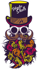 Tête de mort à moustache et barbe hipster skull moustachu et crane barbu pipe chapeau