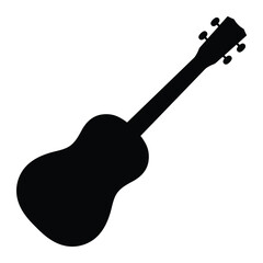 Ukulele vector icon. Black silhouette of a stringed musical instrument. Hawaiian guitar symbol. Isolated on white background. Perfect for music themed designs, educational materials, app icons, logos.