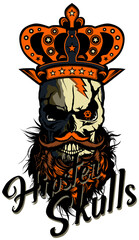 Tête de mort à moustache et barbe hipster skull moustachu et crane barbu roi couronne