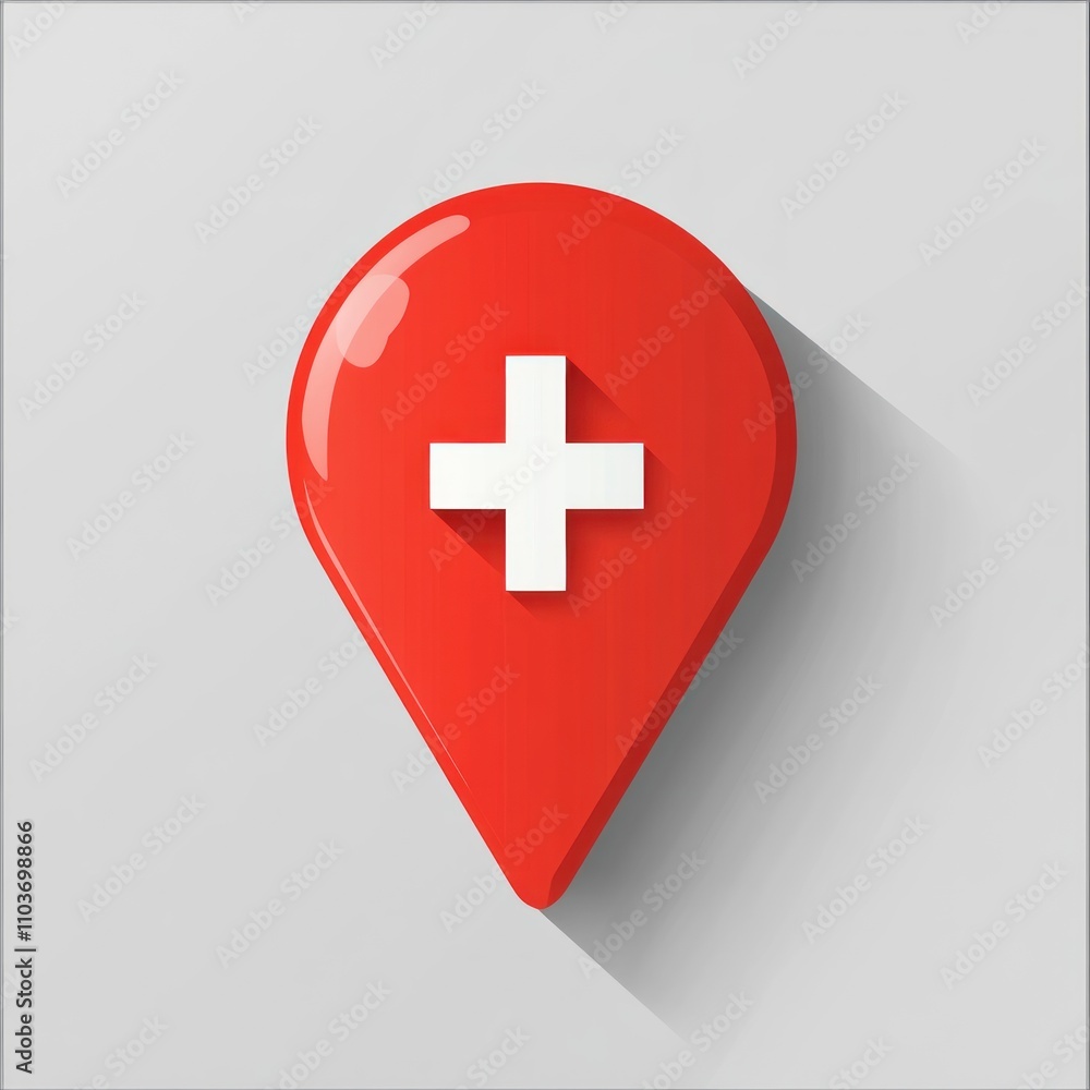 Poster red map marker with white cross, glossy 3d style.